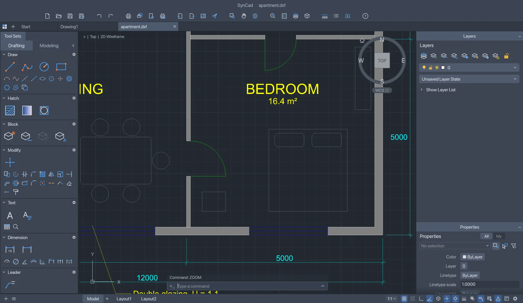 Zoomed into the apartment plan, showing dimensions, hatching and room labels.