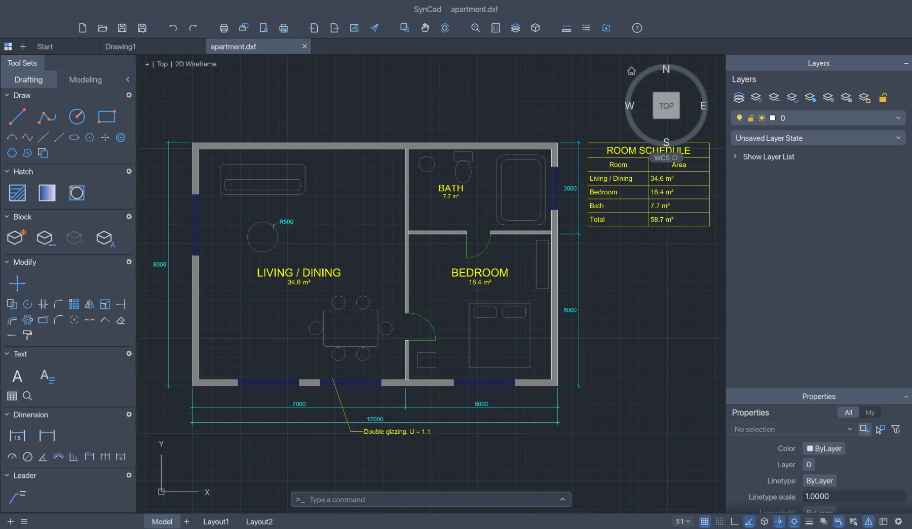 SynCad with the sample apartment plan open in model space.