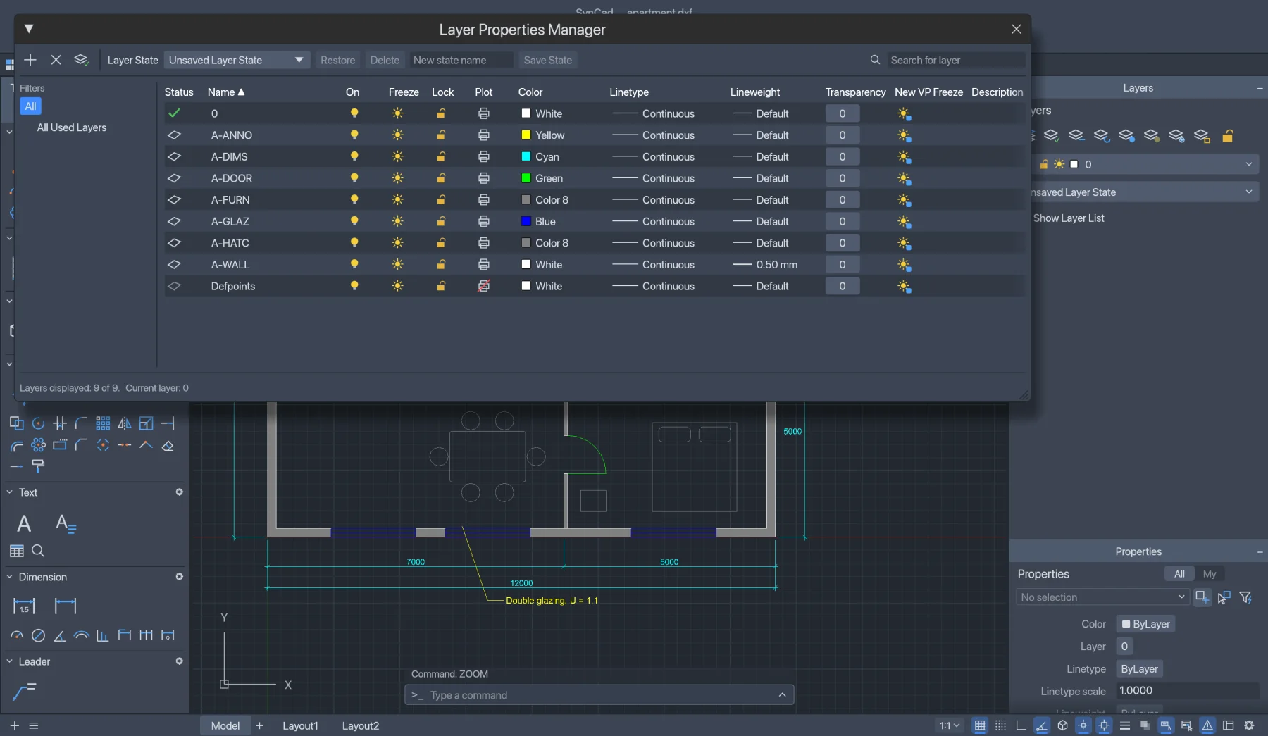SynCad's Layer Properties Manager listing the drawing's layers.