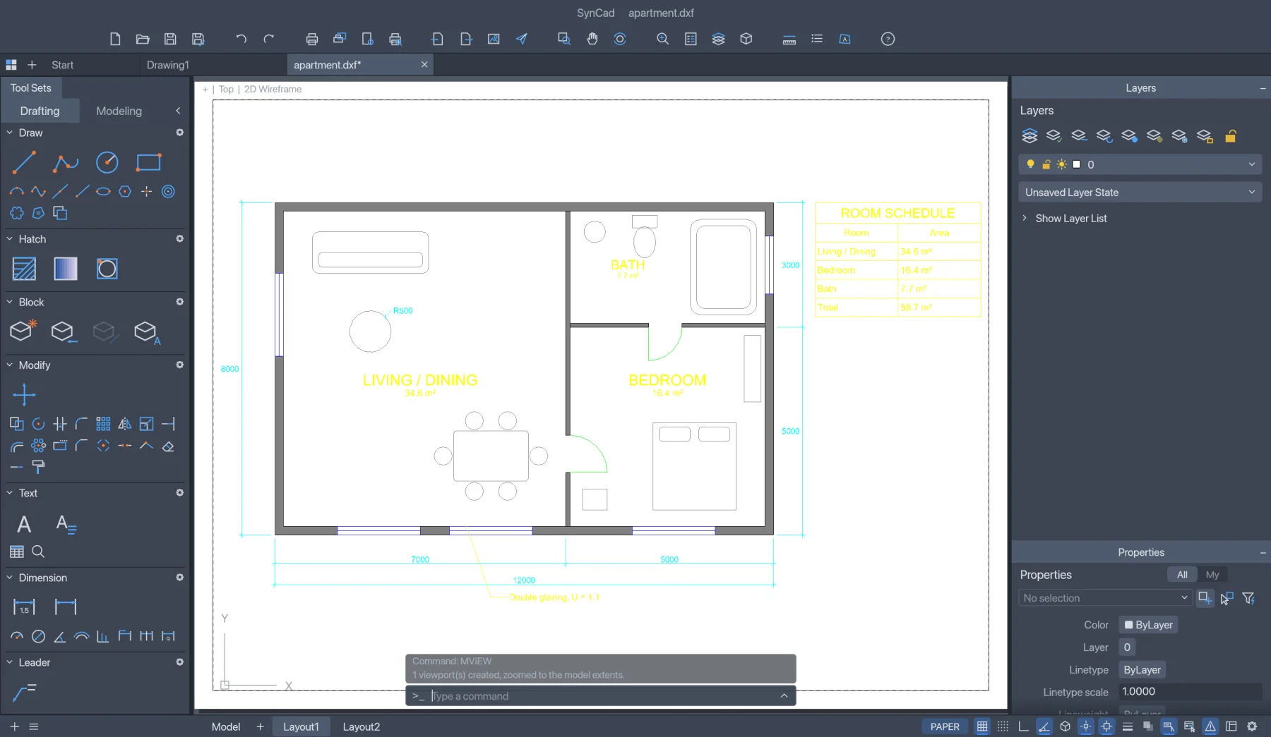 A paper-space layout in SynCad with a viewport onto the plan.