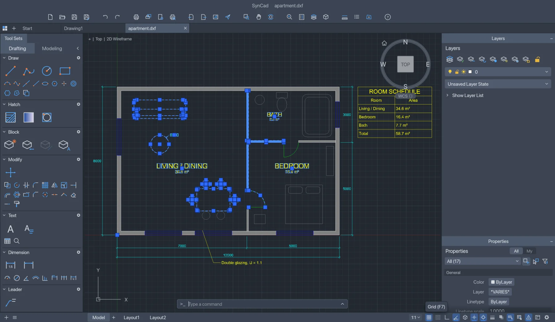 The Properties palette editing a selected object in SynCad.